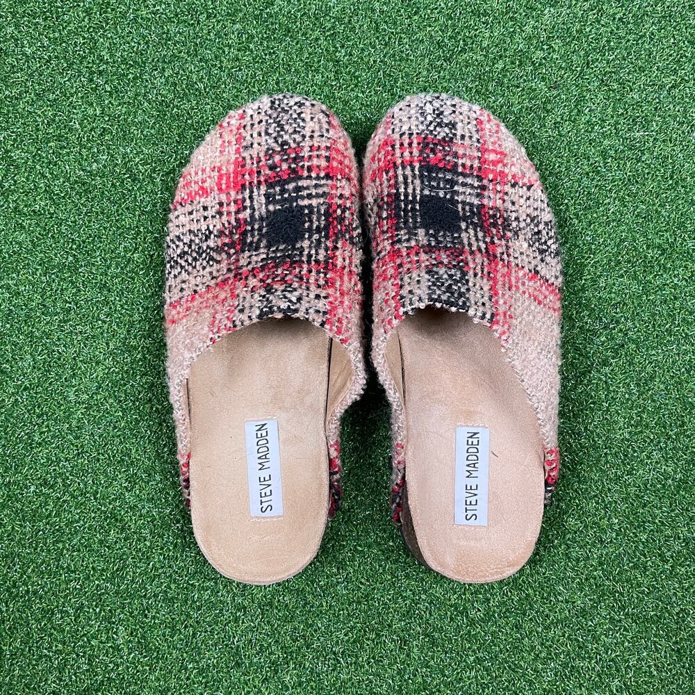 Steve Madden Vesa-S Tan Plaid Tweed Clogs Sz 8